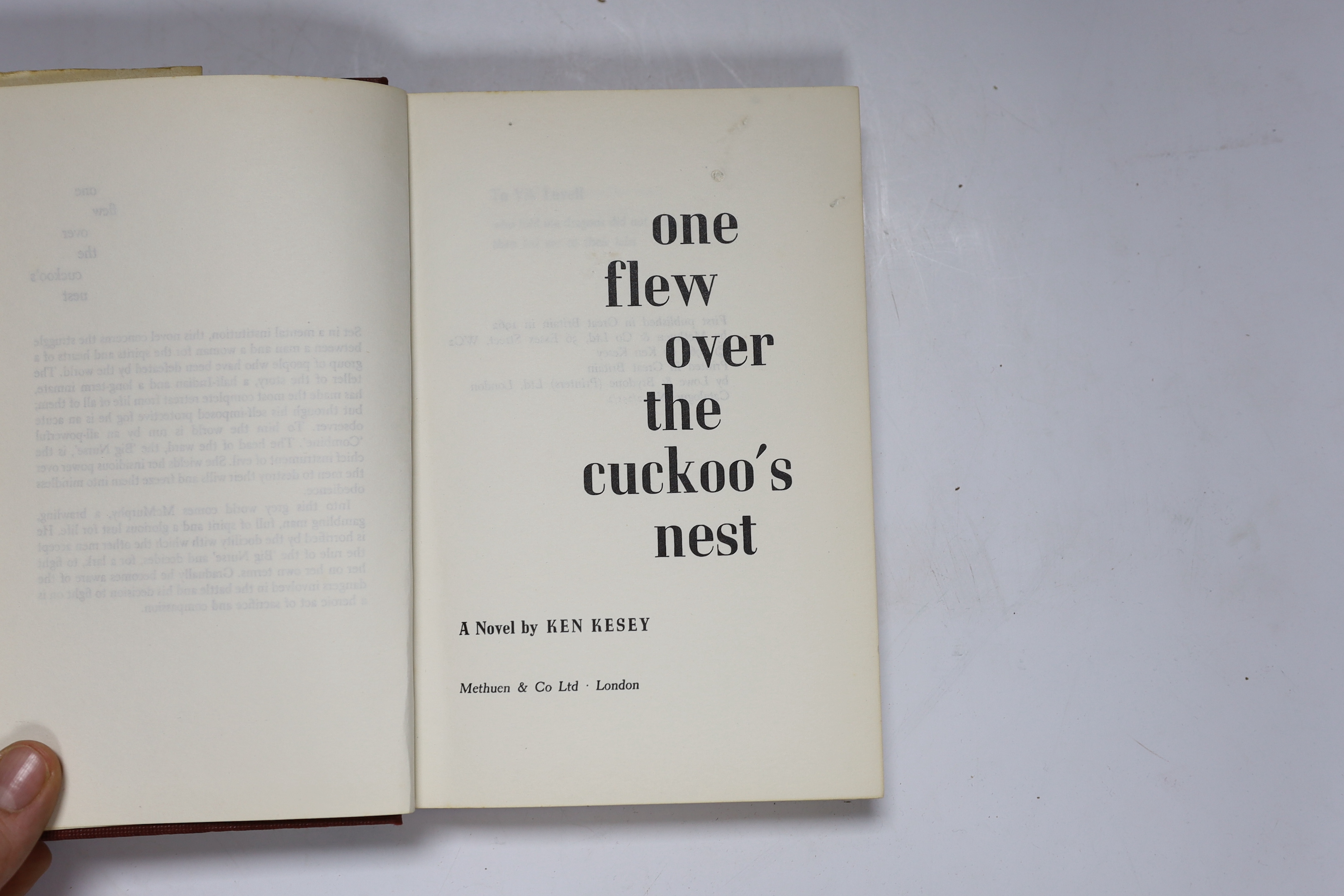 Kesey, Ken - One Flew Over the Cuckoo's Nest ... 1st English Edition. half title; publisher's cloth and d/wrapper. Author’s name not blacked on copyright page, which normally the case, 1962; Donleavy, J.P. - A Singular M
